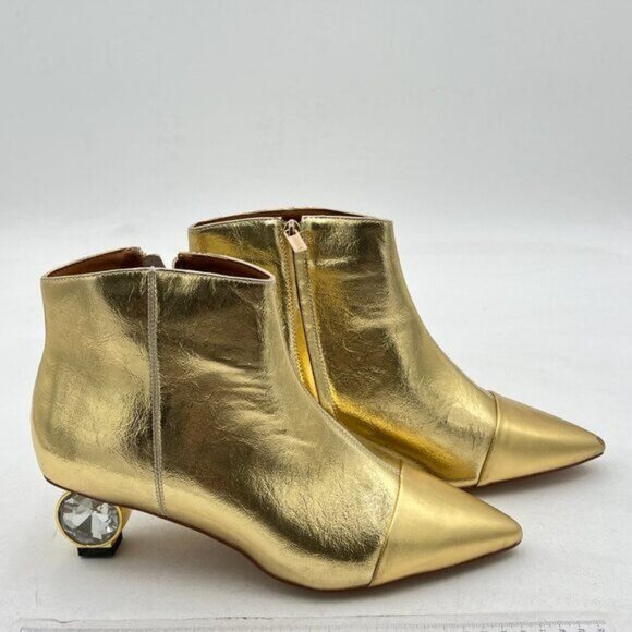 XYD Women Crystal Low Heel Ankle Boots Pointed Toe Shoes Side Zipper Prom Gold - Picture 4 of 7